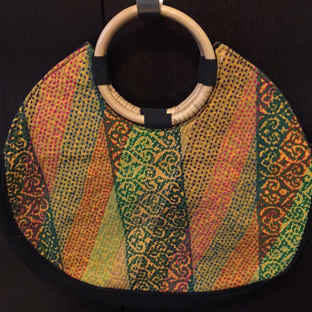 Kantha Stitch Summer Bag with Bamboo Handles